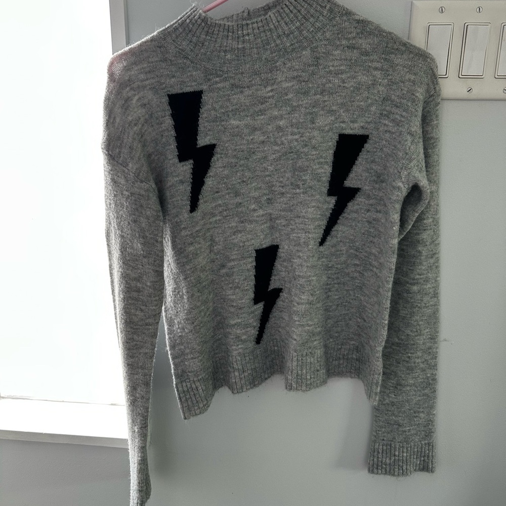 Express Gray and Black Cowl Neck Sweater with Lightning Bolts (Small)